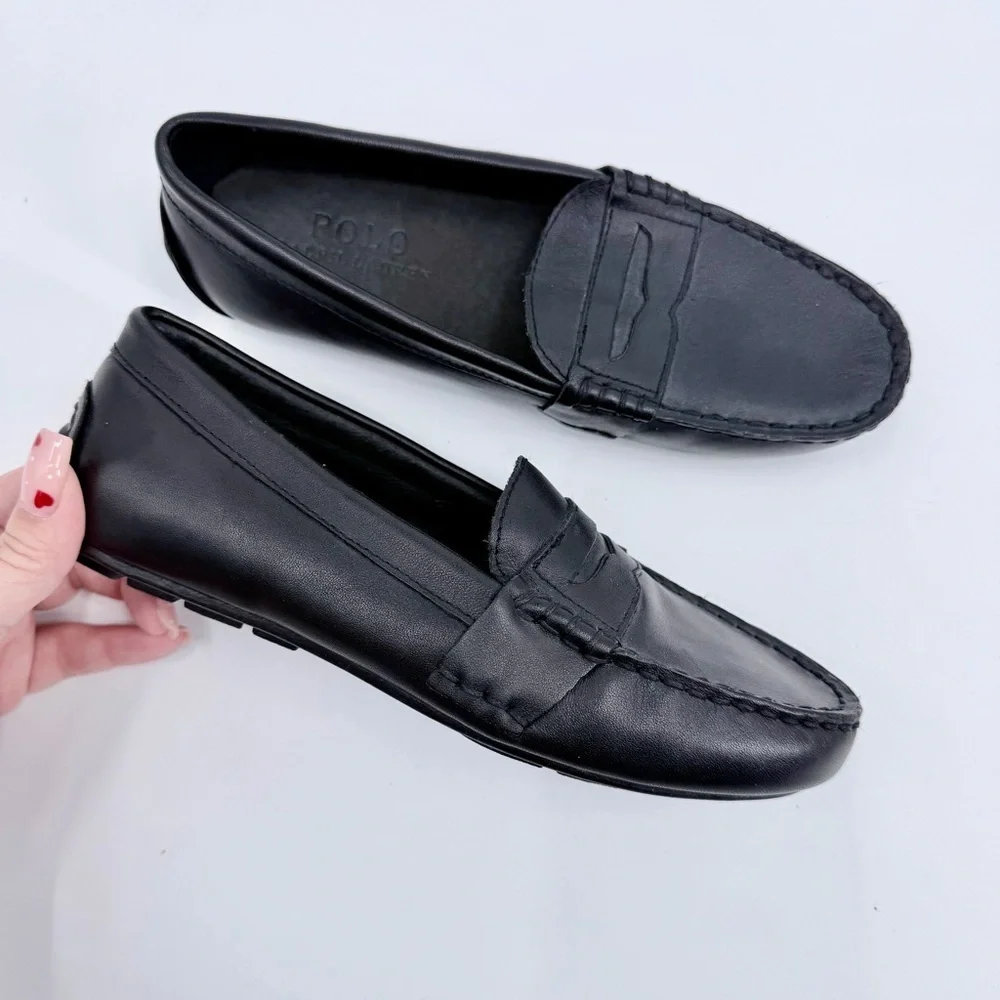POLO RALPH LAUREN Telly Black Leather Penny Loafer Drivers Size 4 Boys / 6 Women